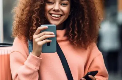 smiling woman with curly hair The image shows a smiling woman with curly hair holding a phone. She is wearing a pink sweater and has a suitcase. The context suggests travel or communication.